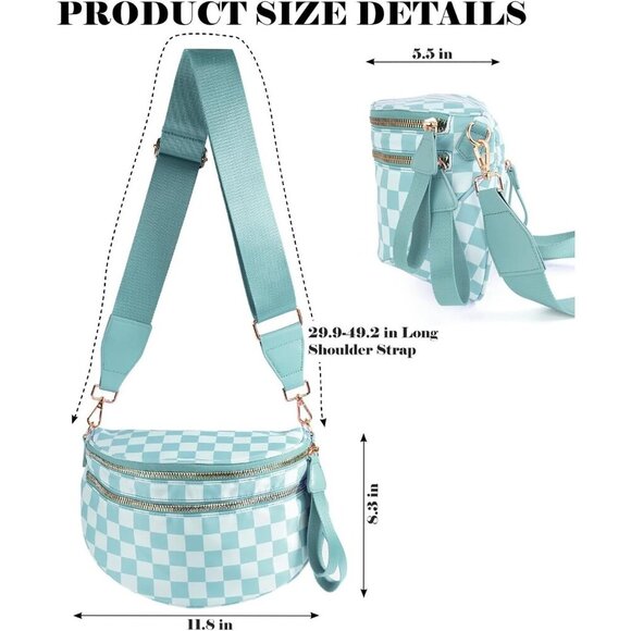 Women Ice-Blue Imported Polyester Checkered Crossbody Fanny Packs Belt Bum Bag - Picture 3 of 6